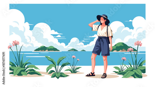 Vector illustration of a woman traveler enjoying a quiet Japanese beach, coastal tourism and summer travel lifestyle in clean flat vector style
