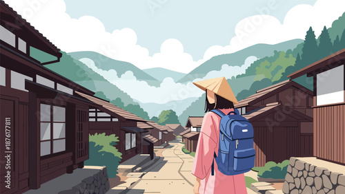 Flat vector illustration of a woman exploring a traditional mountain village in Japan, rural travel and peaceful countryside lifestyle concept