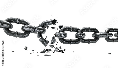A broken metal chain, fragments scattered, symbolizing freedom or destruction