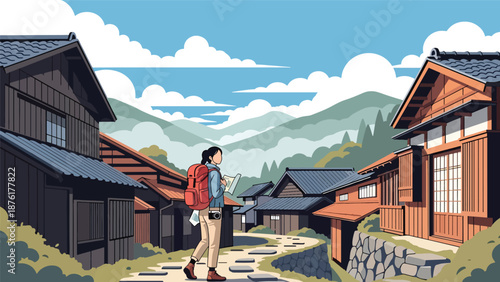 Flat vector illustration of a woman exploring a traditional mountain village in Japan, rural travel and peaceful countryside lifestyle concept