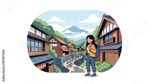 Flat vector illustration of a woman exploring a traditional mountain village in Japan, rural travel and peaceful countryside lifestyle concept