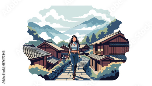 Flat vector illustration of a woman exploring a traditional mountain village in Japan, rural travel and peaceful countryside lifestyle concept