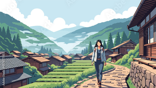 Flat vector illustration of a woman exploring a traditional mountain village in Japan, rural travel and peaceful countryside lifestyle concept