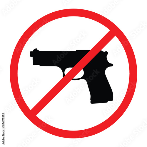 A striking red prohibition sign displaying a black silhouette of a handgun indicating no weapons allowed