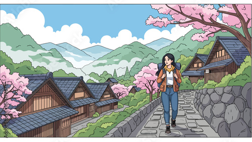 Flat vector illustration of a woman exploring a traditional mountain village in Japan, rural travel and peaceful countryside lifestyle concept