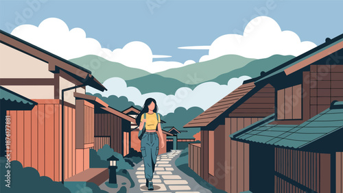 Flat vector illustration of a woman exploring a traditional mountain village in Japan, rural travel and peaceful countryside lifestyle concept