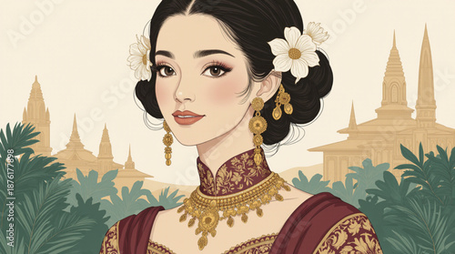 Indonesian Woman in Ornate Historical Dress Vector Art