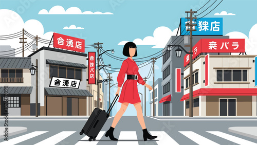 Vector illustration of a woman traveler walking with suitcase in a modern Japanese city street, urban tourism and travel lifestyle concept in flat style