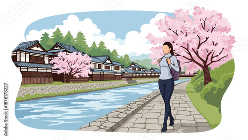 Flat vector illustration of a woman traveler walking along a riverside path in Japan, calm outdoor travel and nature lifestyle concept