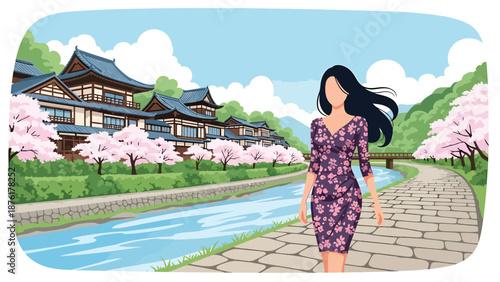 Flat vector illustration of a woman traveler walking along a riverside path in Japan, calm outdoor travel and nature lifestyle concept