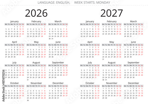 Simple vector calendar for 2026 2027 starting from monday