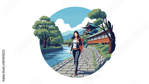 Flat vector illustration of a woman traveler walking along a riverside path in Japan, calm outdoor travel and nature lifestyle concept