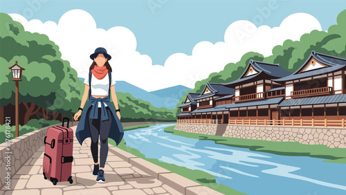 Flat vector illustration of a woman traveler walking along a riverside path in Japan, calm outdoor travel and nature lifestyle concept