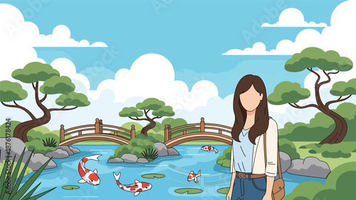 Vector illustration of a woman enjoying a traditional Japanese garden with pond and bridge, cultural travel and peaceful outdoor lifestyle concept