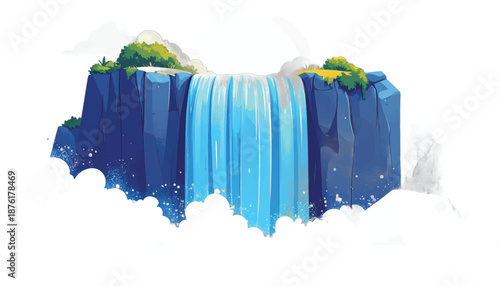 Majestic Waterfall Cascade with Lush Greenery and Blue Waters.