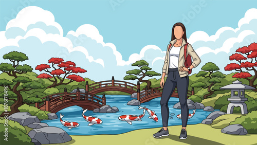 Vector illustration of a woman enjoying a traditional Japanese garden with pond and bridge, cultural travel and peaceful outdoor lifestyle concept