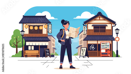 Flat vector illustration of a woman traveler reading a map in a quiet Japanese town, independent travel and exploration lifestyle concept