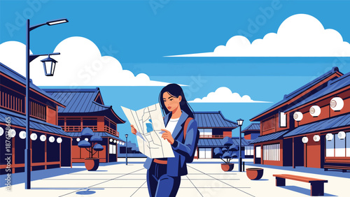 Flat vector illustration of a woman traveler reading a map in a quiet Japanese town, independent travel and exploration lifestyle concept