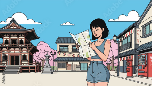 Flat vector illustration of a woman traveler reading a map in a quiet Japanese town, independent travel and exploration lifestyle concept