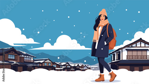 Vector illustration of a woman traveling in Japan during winter, wearing warm clothing with snowy scenery, seasonal tourism concept in flat style