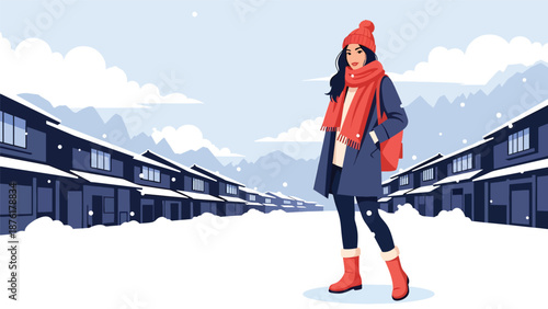 Vector illustration of a woman traveling in Japan during winter, wearing warm clothing with snowy scenery, seasonal tourism concept in flat style