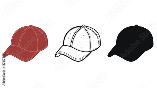 Collection of three baseball caps in different styles and colors for casual wear.