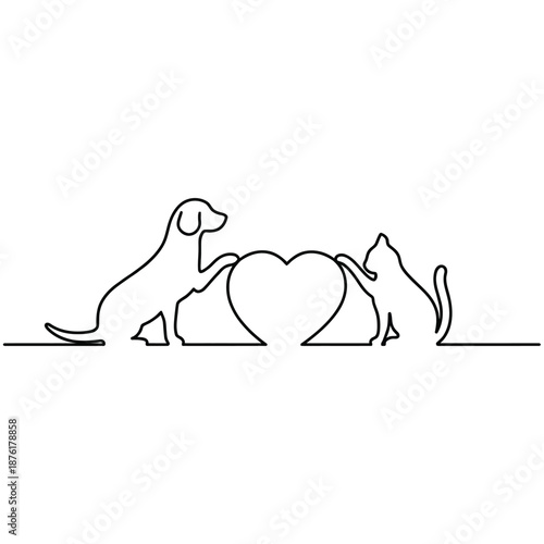 A minimalist continuous line drawing depicts a dog and a cat side by side showing companionship