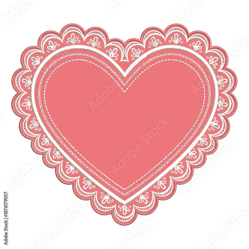A decorative heart shaped design with a red center and ornate white lace border