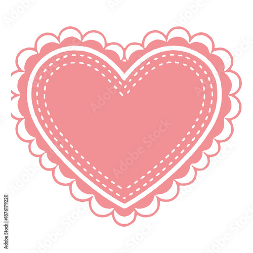 A delicate pink heart illustration with a decorative scalloped edge and dashed stitching detail