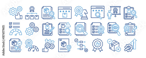 Quality Management System icon collection. Containing design Process Excellence, Quality Framework, Continuous Audit, Product Review, Quality Strateg