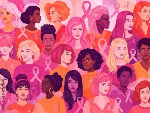 Vibrant illustration of diverse women supporting breast cancer awareness together