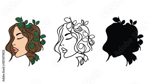 An illustration of a woman's face in three different artistic styles and colors