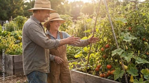 Gardeners discussing plants in community garden with sunlight  