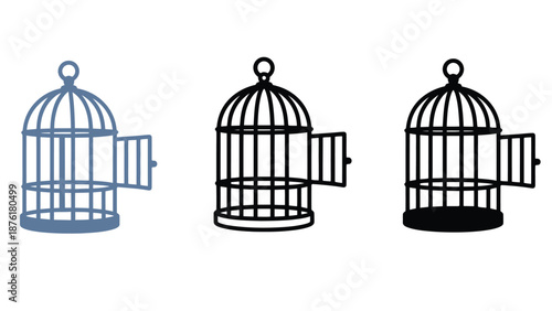 Three open birdcages in different colors on a white background illustration
