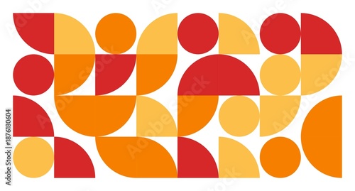 Photography A vibrant horizontal banner features a tessellation of red, orange, and yellow circles and semicircles on a white background, creating a cheerful Bauhaus-inspired geometric pattern