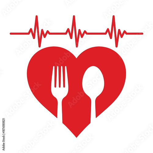 A red heart shaped design incorporating cutlery and a heartbeat line symbolizing healthy eating