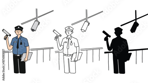 A security guard in different formats holding a flashlight in a building