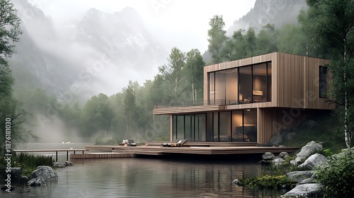 Stunning contemporary wooden lakeside retreat featuring expansive glass walls nestled dramatically against a misty mountain forest backdrop creating serene isolation