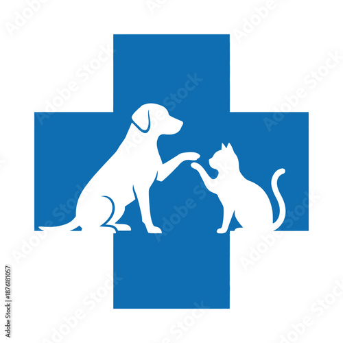A simple veterinary clinic logo featuring a dog a cat and a blue cross symbol