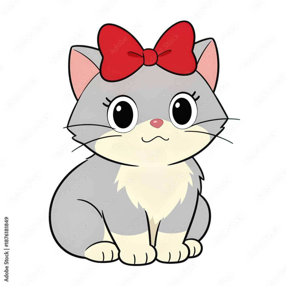 Fototapeta premium Cute gray cartoon cat with red bow