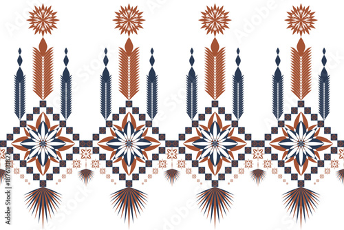 This geometric ethnic seamless pattern blends Western and Eastern art with classic colors, and can be used in various designs, prints, fabric patterns, and more.