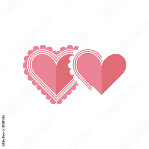 Two overlapping pink hearts with scalloped edges and white borders on a plain background