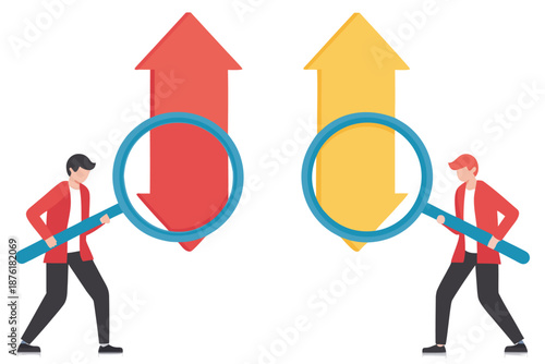 Ideas and plans to change business situation and direction, businessman holding magnifying glass to study downward arrow while colleague wants arrow in magnifying glass to grow upward 