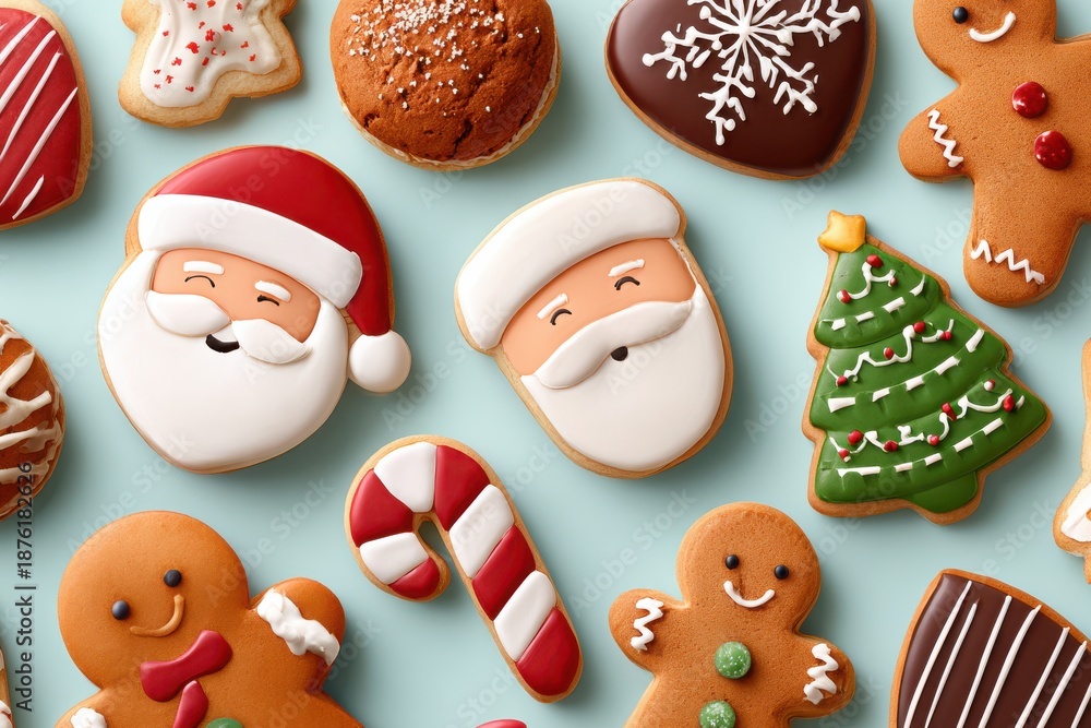 Fototapeta premium Decorated gingerbread cookies with Santa, candy canes, and Christmas trees for festive celebration visuals