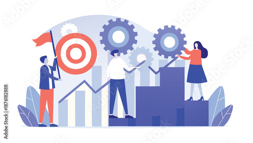 Business team working together to achieve goals with target and gears