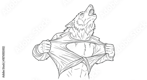 Powerful werewolf character howls at the moon while ripping its shirt apart in this detailed black and white line art.