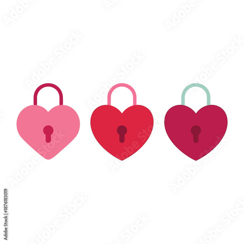 Three heart shaped padlocks in varying shades of pink and red symbolizing love and security