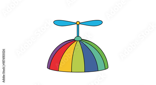 Colorful propeller beanie hat featuring bright rainbow segments and a blue spinner on top isolated on white.