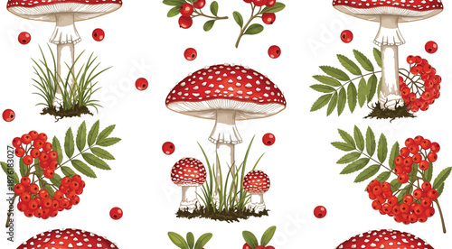 Enchanting seamless pattern of fly agaric mushrooms and red berries on a white background