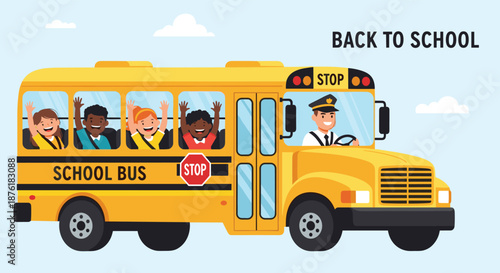Bright yellow school bus filled with excited children and a driver under a blue sky with the text back to school for educational themes.